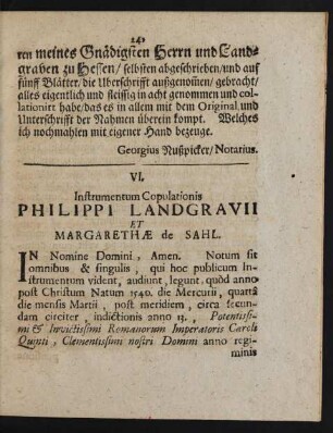 VI. Instrumentum Copulationis Philippi Landgravii Et Margarethae de Sahl.