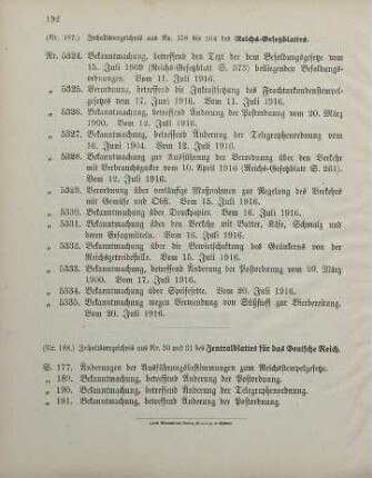 Nr. 187: Inhaltsverzeichnis aus Nr. 158 bis 164 des Reichs-Gesetzblattes