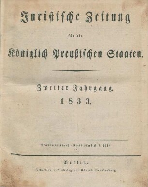 2.1833: Juristische Zeitung für die königlich preussischen Staaten