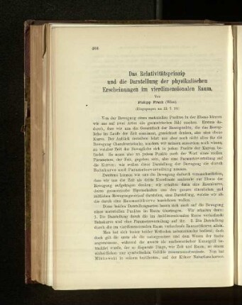 Das Relativitätsprinzip und die Darstellung der physikalischen Erscheinungen im vierdimensionalen Raum.