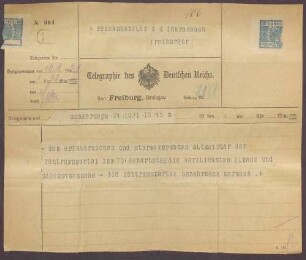 Glückwunschtelegramm zum 70. Geburtstag für Constantin Fehrenbach von Karmann, Osnabrück