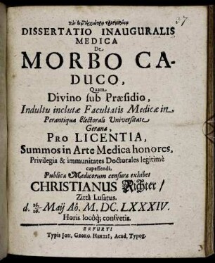 Dissertatio Inauguralis Medica De Morbo Caduco