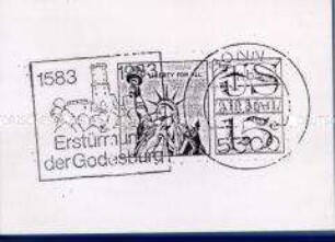 Künstlerpostkarte mit Kritik an der amerikanischen Invasion auf Grenada 1983