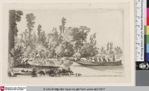 [Fähre an bewaldetem Flussufer; Ferry before a Wooded River Bank]