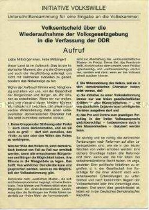 Aufruf der Bürgerbewegung zu einem Volksentscheid über die "Volksgesetzgebung" mit Einzeichnungsliste