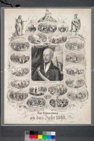 Gedenkblatt 1848: Erzherzog Johann von Österreich - Reichsverweser von Deutschland - mit Randansichten historischer Ereignisse zu 1848