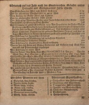 Allmanach auf das Jahr nach der Gnadenreichen Gebuhrt unsers Heylands und Seeligmachers Jesu Christi.