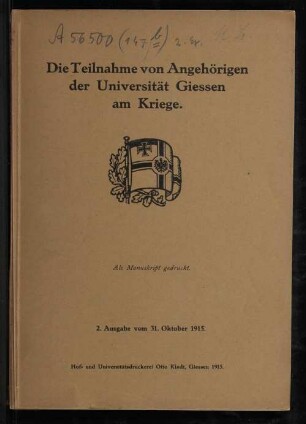 Die Teilnahme von Angehörigen der Universität Giessen am Kriege 1914