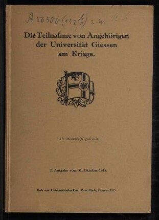 Die Teilnahme von Angehörigen der Universität Giessen am Kriege 1914