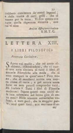 Lettera XIII. I Libri Filosofici