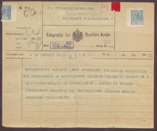 Telegramm von Ernst Müller an Constantin Fehrenbach, Einberufung des Reichstages