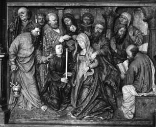 Mariae Heimgang : Mariae Heimgang. Holz, geschnitzt, gefasst (1530). Bad Schussenried, Pfarrkirche Sankt Magnus