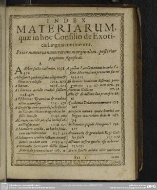 Index Materiarum, quae in hoc Consilio de Exoticis Linguis continentur