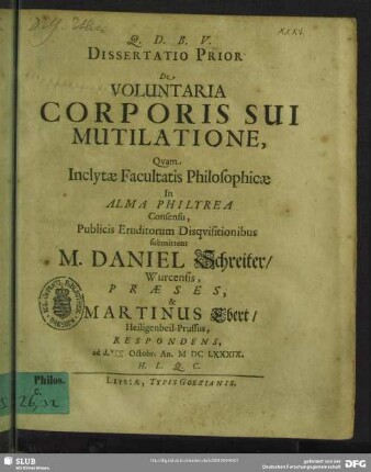 1: Dissertatio ... De voluntaria corporis sui mutilatione
