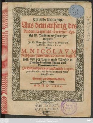 Christliche Valetpredigt/ Aus dem anfang des Andern Capittels/ der ersten Epistel S. Pauli an die Corinther