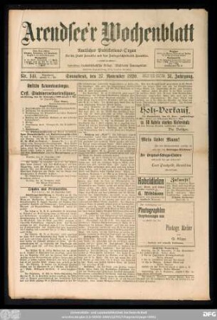 Arendsee'r Wochenblatt, Nr. 141. Sonnabend, den 27. November 1920.