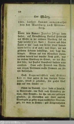 6ter März. 1522. Luther kommt unvermuthet von der Wartburg nach Wittenberg