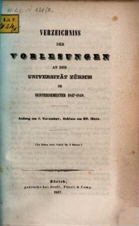 Verzeichnis der Vorlesungen, Behörden, Dozenten und Institute. 1847/48. WS