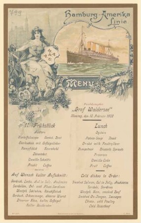 Menükarte : II. Frühstück, Postdampfer "Graf Waldersee"