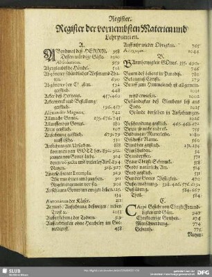 Register der vornembsten Materien und Lehrpuncten