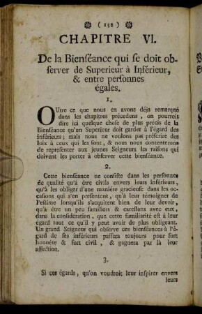 Chapitre VI. De la Bienséance qui se doit observer de Superieur à Inférieur, & entre personnes égales. = Sechstes Kapitel. Vom Wohlstande, welchen hohe Standespersonen gegen geringere, und Personen gleiches Standes unter sich zu beobachten haben.