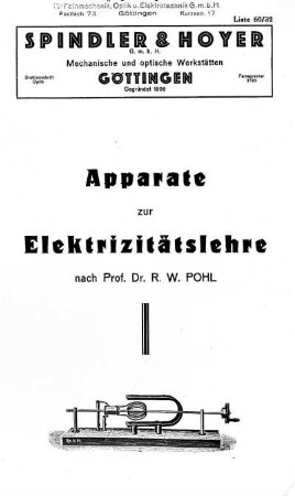 Liste 60/32: Apparate zur Elektrizitätslehre nach Prof. Dr. R. W. Pohl