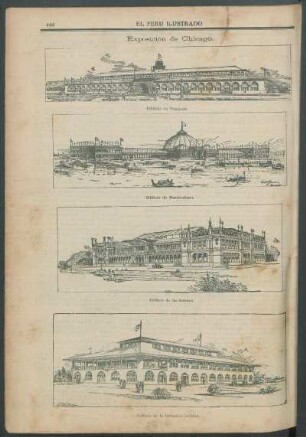 [Vistas de la] Exposición de Chicago. : Edificio de Trasporte[,] Edificio de Horticultura[,] Edificio de las Señoras [y] Edificio de la Industria Lechera.