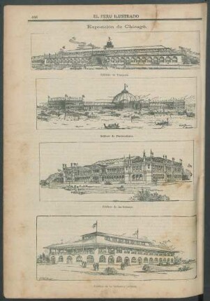 [Vistas de la] Exposición de Chicago. : Edificio de Trasporte[,] Edificio de Horticultura[,] Edificio de las Señoras [y] Edificio de la Industria Lechera.