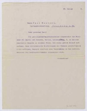 Schreiben an Paul Waetzel, Verlagsbuchhandlung, Freiburg i. Br. (Brief)
