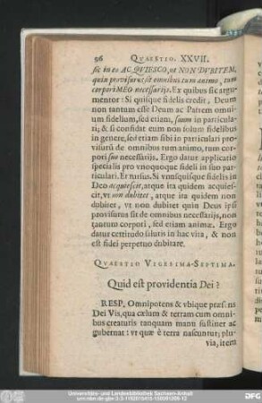 Quaestio Vigesima-Septima. Quid est providentia Dei?