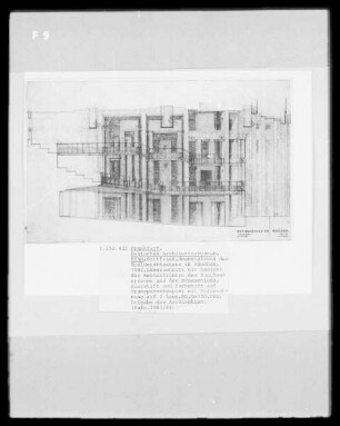 Umgestaltung des Residenztheaters in München, Längsschnitt mit Ansicht der Seitenfronten des Zuschauerraums und des Proszeniums mit Vorzeichnung auf 2. Lage
