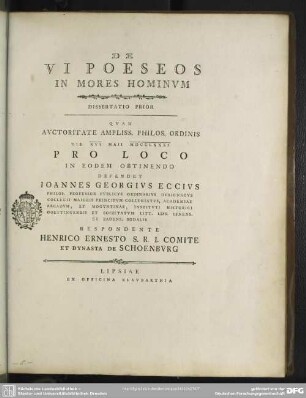 De Vi Poeseos In Mores Hominum : Dissertatio Prior Quam ... Die XVI Maii MDCCLXXXI ... Defendet