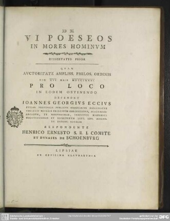 De Vi Poeseos In Mores Hominum : Dissertatio Prior Quam ... Die XVI Maii MDCCLXXXI ... Defendet