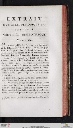 Extrait d'un ecrit periodique intitulé: Nouvelle Bibliotheque