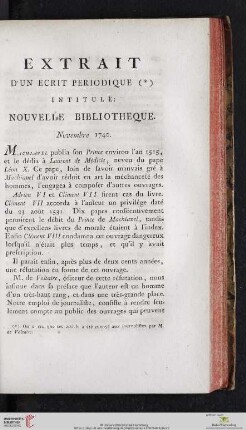Extrait d'un ecrit periodique intitulé: Nouvelle Bibliotheque