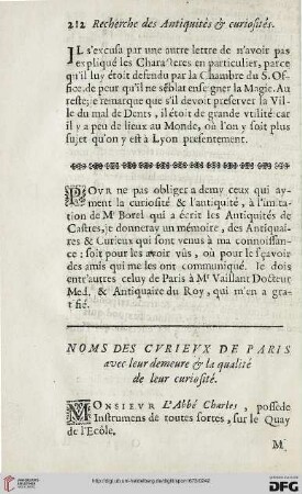 Noms des curiux des Paris avec leur demeure & la qualité de leur curiosité