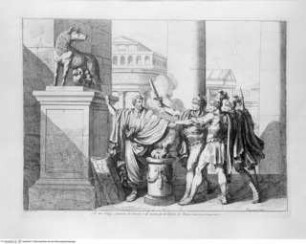 Pinelli, Bartolomeo, Istoria Romana. Incisa ad acqua forte da Bartolomeo Pinelli Romano. L'Anno 1818, e 1819. o.O.[Roma] u.J, "Li tre Orazj giurano di vincere..."; (Taf.9[10])