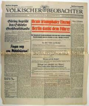 Titelblatt der Tageszeitung "Völkischer Beobachter" zum bevorstehenden Empfang Hitlers in Berlin nach der Annexion der "Rest-Tschechei"