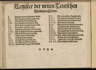 Register der neuen Teutschen Weltlichen Lieder