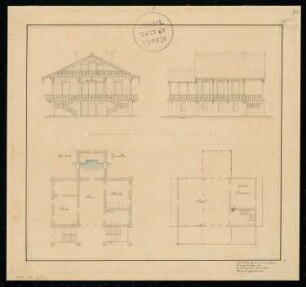 Molkenhaus - ländlicher Gasthof Monatskonkurrenz Juli 1832: Grundriss Erdgeschoss, Obergeschoss, Aufriss Vorderansicht, Seitenansicht; Maßstabsleiste