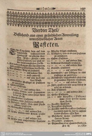 Vierdter Theil / Bestehend aus einer gründlichen Anweisung unterschiedlicher Arten Pasteten.