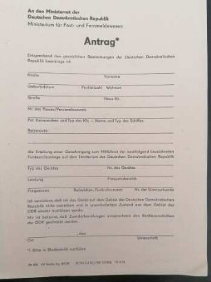 Antrag DDR-Zoll Mitnahme von Funksendeanlagen blanko
