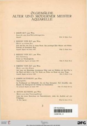 Ölgemälde alter und moderner Meister, Aquarelle (Nr. 1-139)
