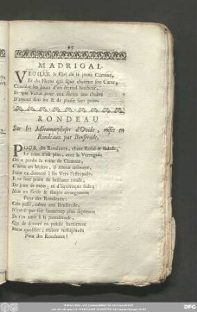 Rondeau Sur le Métamorphoses d'Ovide, mises en Rondeaux par Benserade.