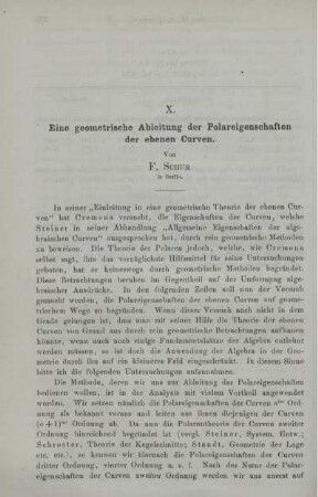 X. Eine geometrische Ableitung der Polareigenschaften der ebenen Curven.