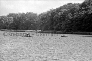 Herrenteich: Ruderboote und Wasservögel auf Teich: am gegenüberliegenden Ufer Schilfpflanzen und Bäume
