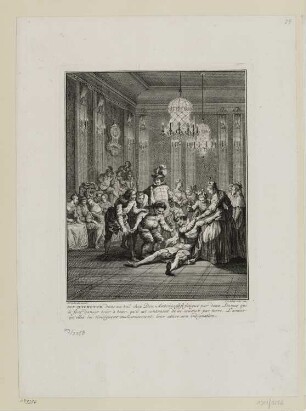 Don Quichotte dans un bal chez Don Antonio, aus: Charles Coypel, Miguel de Cervantes, "Les principales avantures de l’admirable Don Quichotte", 1746