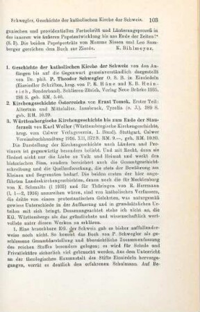 103-107 [Rezension] Schwegler, Theodor, Geschichte der katholischen Kirche der Schweiz von den Anfängen bis auf die Gegenwart