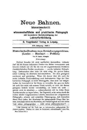 Historische Studien zum Erziehungsproblem : (Locke-Herbart-Fröbel) ; Fortsetzung