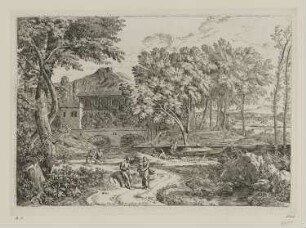 Herde am Fluss mit zwei sitzenden Hirten